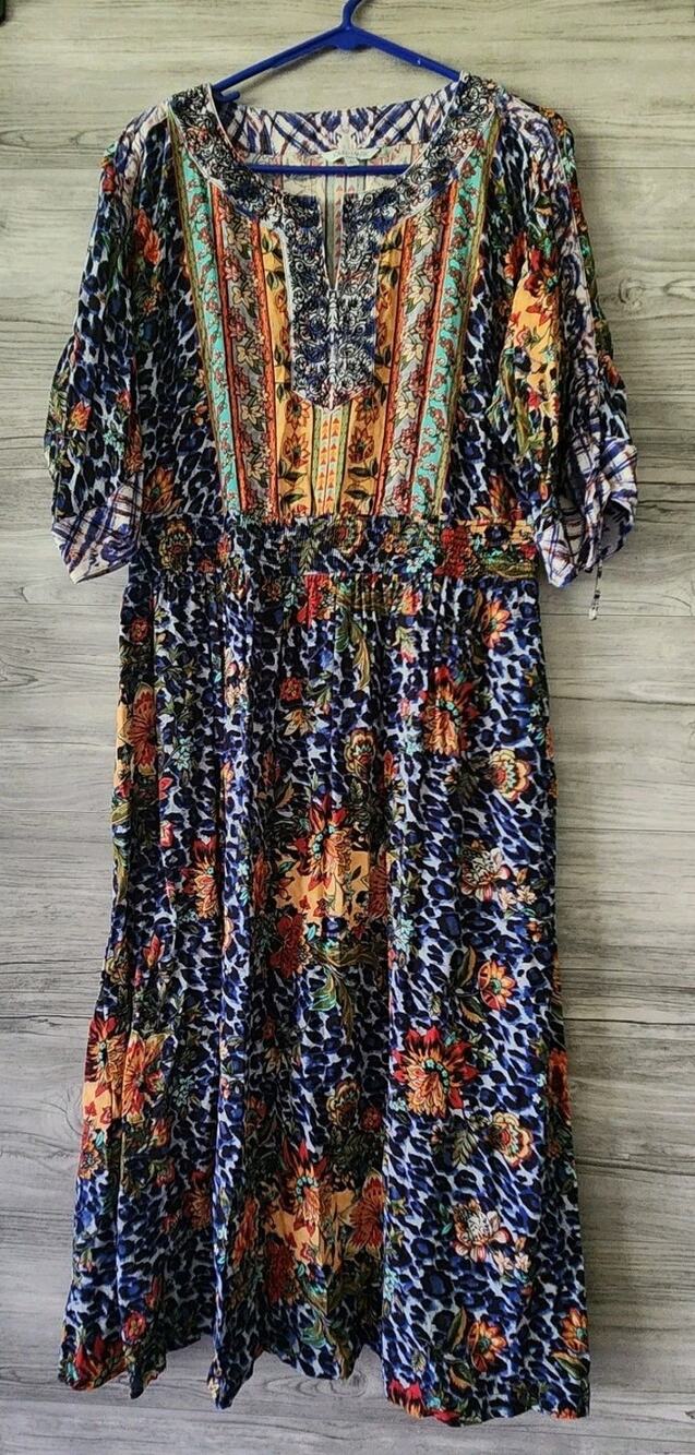 John Mark Multicolor Floral Midi Dress Scrunched Sleeves Pockets Size Large